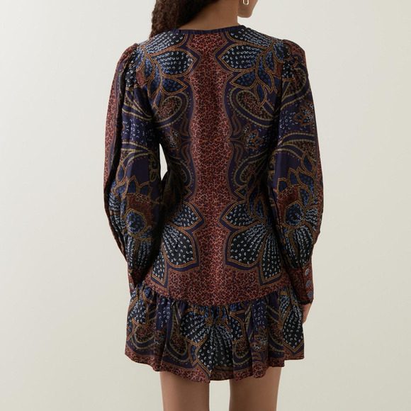 FARM RIO Floral Glam Mini Dress NWT Small Blue Paisley Boho Long Sleeve Deep V - Picture 7 of 11